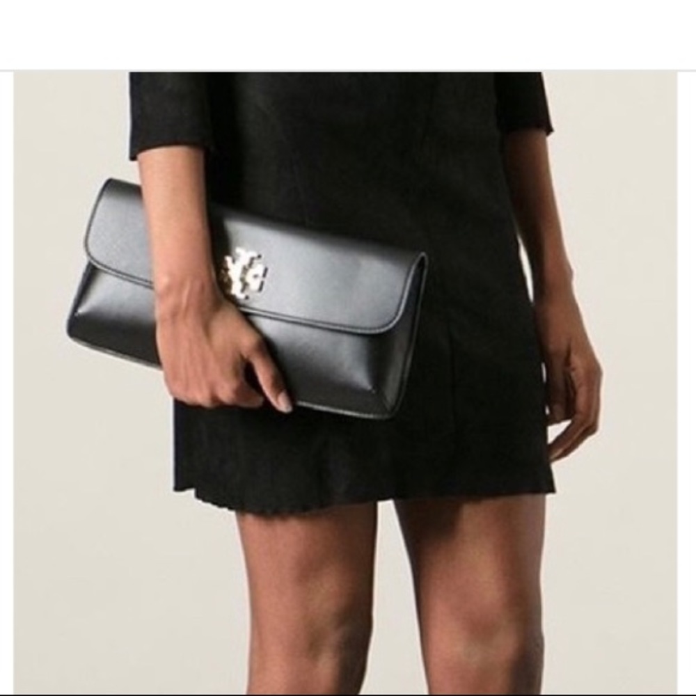 TORY BURCH SLIM DIANA SAFFIANO LEATHER FLAP CLUTCH BLACK BAG
